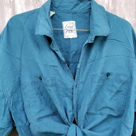 VTG 90s Turquoise Teal Silk Boxy Button Up Shirt - Picture 3 of 11